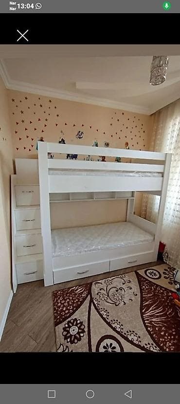 mebel kitab refleri: Ağ rəngli iki mərtəbəli uşaq çarpayısı və saxlama sistemi - Material — 1