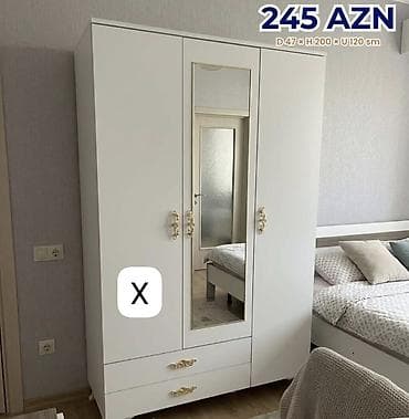 Ağ rəngli 3 qapılı geyim dolabı - Ölçülər: Dərinlik 47 sm × Hündürlük