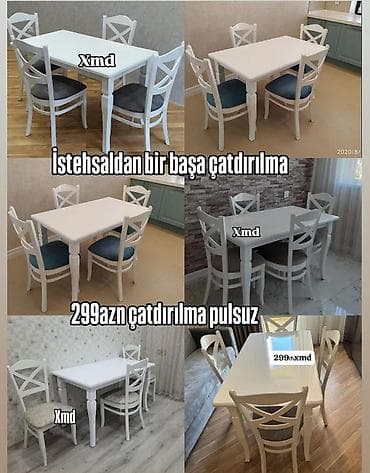 balkon dolab: Ağ rəngdə yemək masası və 4 ədəd stul dəsti. Xüsusiyyətlər: - Klassik — 1