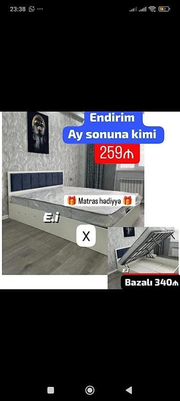 islenmis matras: Müasir dizaynlı yataq çərçivəsi – yumşaq başlıq hissəli, parça paneli — 1