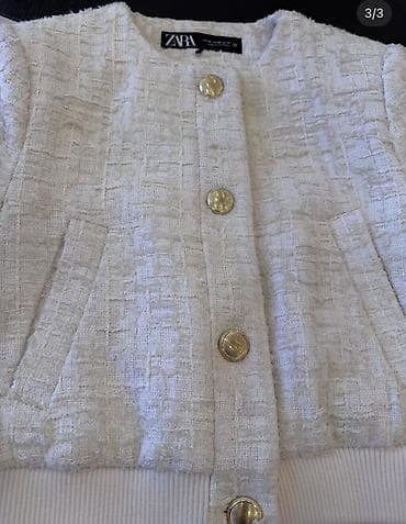 usta geyimi: ZARA qadın jaketi – tweed fakturalı, krem/ağ rəngdə qısa kəsim. - — 2
