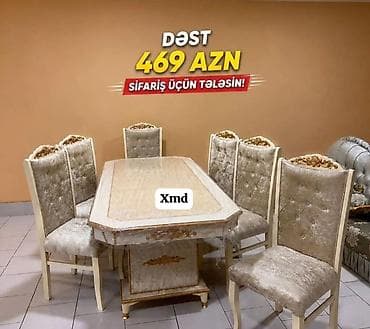 parda tul: Yemək otağı dəsti – stol və 6 stul - Klassik üslubda, qızılı naxışlı — 1