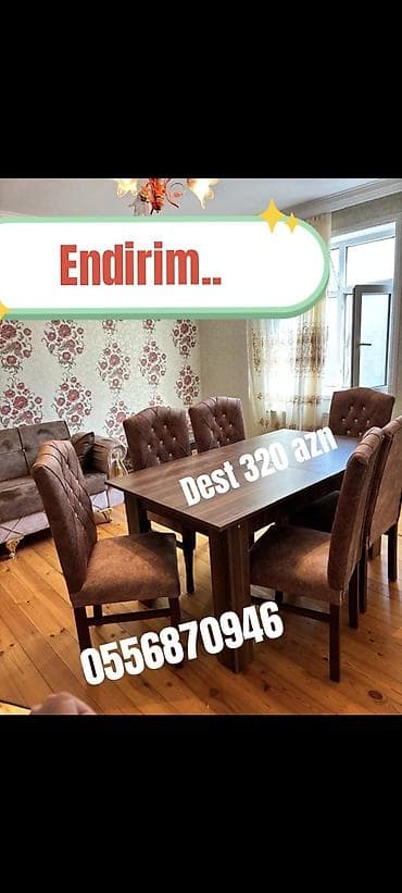 Qonaq otağı üçün, Yeni, Açılmayan, Dördbucaq masa, 6 stul