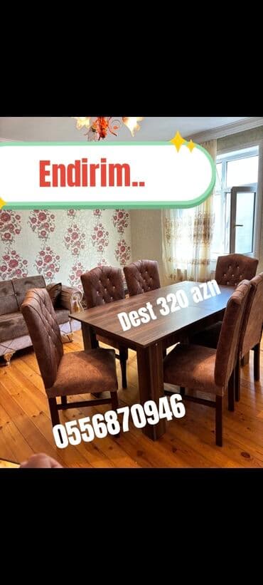 ders masaları: Qonaq otağı üçün, Yeni, Açılmayan, Dördbucaq masa, 6 stul — 16