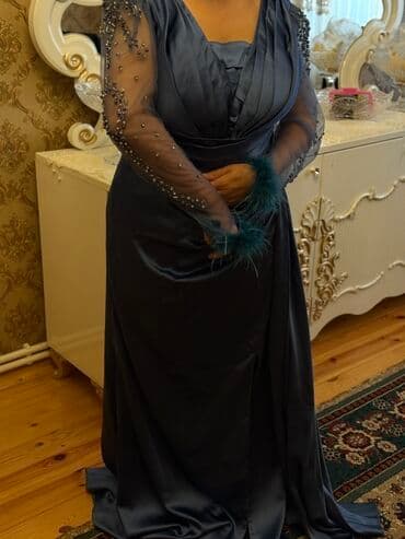 boyuk bədən paltarlar: Göy atlas ziyafət donu satılır. Xanım artıq çəki verdiyinə görə paltar — 9