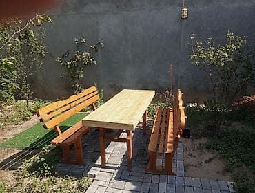 işlenmiş stol: Bağ üçün taxta mebel dəsti - Tərkib: 1 ədəd düzbucaqlı stol və 2 ədəd — 1