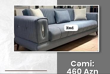 Müasir dizaynlı 3 nəfərlik divan - Rəng: boz-mavi ton - Material