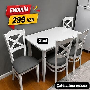 Endirimli yemək masası dəstləri 1) 4 stullu masa dəsti - Rəng: ağ