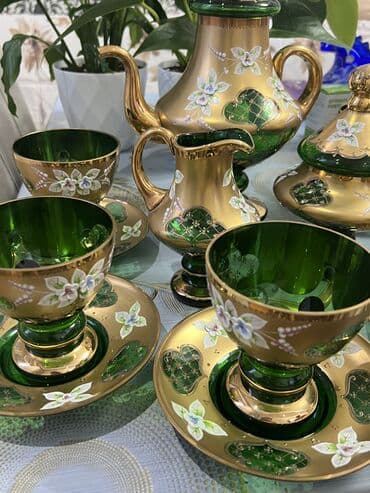 çay serviz: Çay dəsti, rəng - Yaşıl, Bohemia, 6 nəfərlik, Çexiya — 10