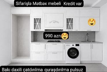 Sifarişlə mətbəx mebeli – modern ağ dizayn, yuxarı-aşağı dolablar