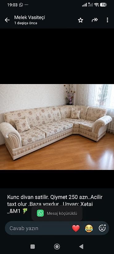 divan satisi: Kunc divan satilir. Qiymet 250 azn. Acilir taxt olur .Baza yoxdur — 1