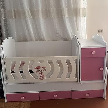 skaf ucuz: Uşaq beşiyi və komodlu çarpayı komplekti - Rəng: ağ və çəhrayı - — 1