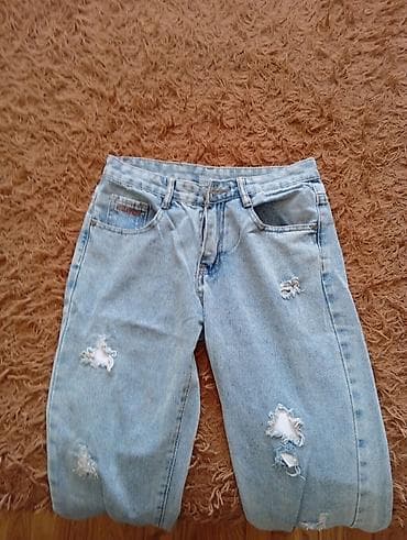 cins donlar: Açıq mavi rəngdə cins şalvar - Model: straight/relaxed fit, yüksək — 3