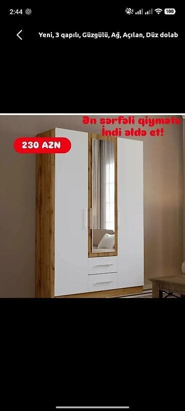 yataqlar: Yeni, 3 qapılı, Güzgülü, Ağ, Açılan, Düz dolab — 1