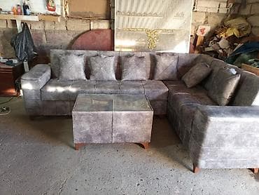 2020 divan modelleri: Məhsul: Yumşaq mebel dəsti – künc divan, 3‑yerlik divan və puf/çay — 6