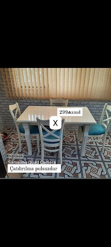 Açıq rəngli yemək masası və 4 ədəd stul dəsti. - Masa düzbucaqlı