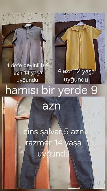 oglan geyim stilleri: Uşaq geyim dəsti - Boz rəngli qısaqol köynək: 1 dəfə geyinilib, 14 — 1