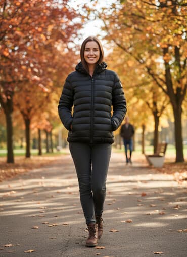 Donlar: Qara rəngli yüngül şişmə kürk/plevka gödəkçə - Model: kapüşonlu, ön — 1