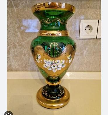 Bohlu və dekorativ şüşə dəsti - Yaşıl və qızılı tonlarda, əl işçiliyi