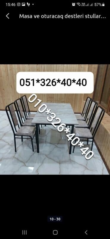 Masa və oturacaq dəstləri: Qonaq otağı üçün, Yeni, Açılan, Dördbucaq masa, 6 stul — 10