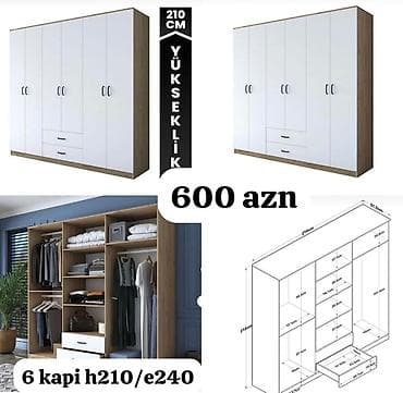 islenmis skaf: Yeni, 6 qapı, Güzgülü, Bej, Digər material, Açılan, Düz dolab — 2