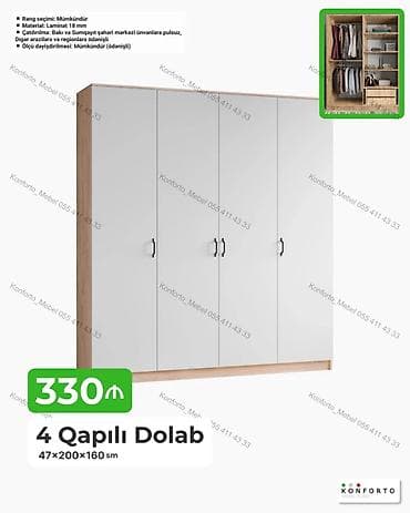 skafi: 4 qapılı geyim dolabı – 47×200×160 sm - Material: 18 mm laminat - — 1