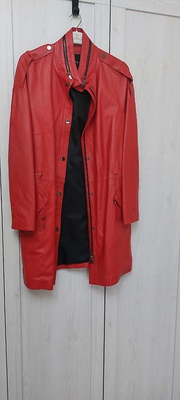 dəri geyim: Qadın uzun dəri paltar/kurtka - Rəng: parlaq qırmızı - Material: dəri — 1