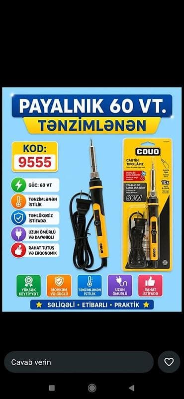 alet cantasi: Tənzimlənən lehimləmə qurğusu – 60W (Kod: 9555) Xüsusiyyətlər: - Güc — 1