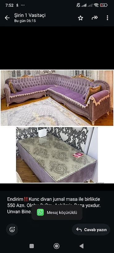 Endirim‼️Kunc divan jurnal masa ile birlikde 550 Azn. Olchu 3×2m — 1