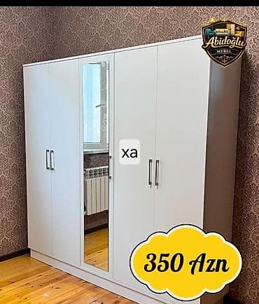 Ağ rəngli 4 qapılı paltar şkafı - Ön hissədə tam boy güzgü (mərkəzi