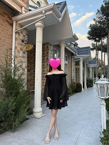 mini etek: Qara şifon don XS 34 olcu - Stil: “off-shoulder” (çiyin açıq), yuxarı — 2