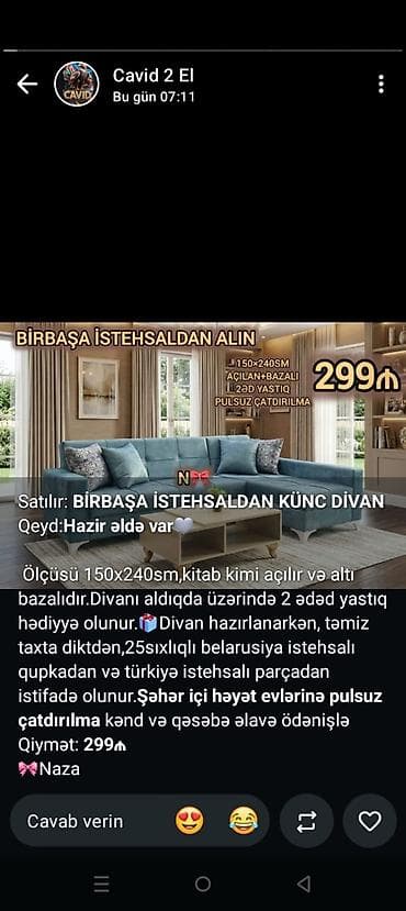 Birbaşa istehsaldan künc divan - Ölçü: 150×240 sm - Açılan mexanizm — 1
