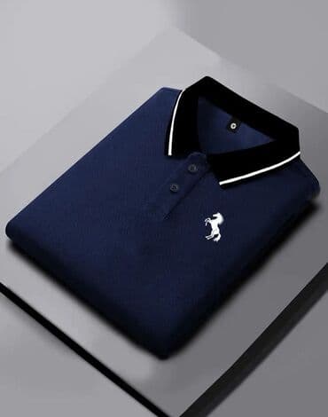 женские поло футболки: Tünd göy rəngli kişi polo köynəyi, qara yaxalıqlı və qollu dizaynı ilə — 2