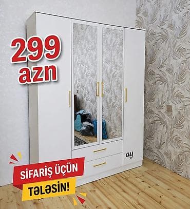 taxta ref: Ağ rəngli üçqapılı geyim şkafı - Ortada tam boy güzgülü qapı - Qızılı — 1