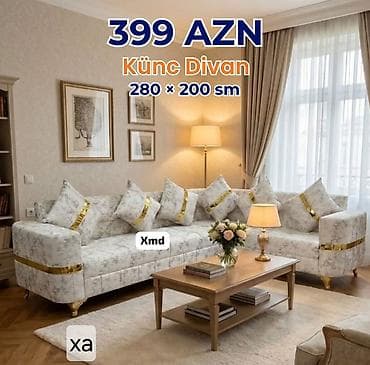 Künc divan – 280 × 200 sm Qiymət: 399 AZN - Zərif naxışlı, açıq