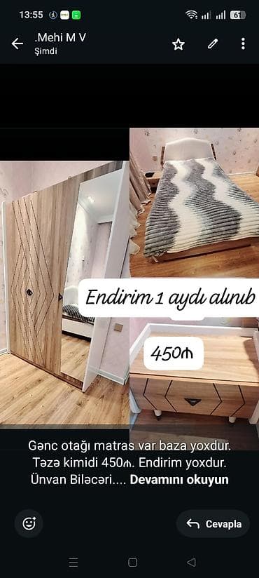 Gənc otağı matras var baza yoxdur. Təzə kimidi 450₼. Endirim yoxdur