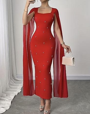 vecer donlari: Qırmızı qolsuz-kaftan detallı ziyafət donu - Rəng: parlaq qırmızı - — 4