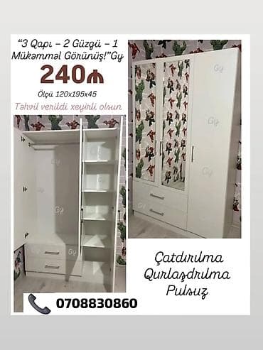 mini skaf: Uşaq otağı üçün 3 qapılı şkaf - Ölçü: 120×195×45 sm - Dizayn: ağ — 1