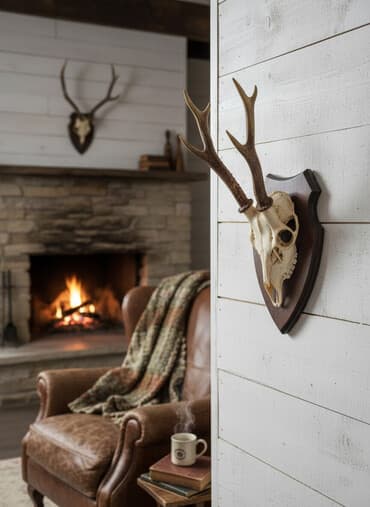 Taxta plaketə bərkidilmiş maral buynuzları və kəllə hissəsi. Divara