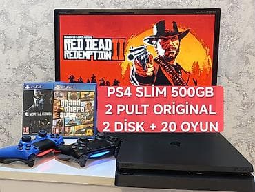 consol: Şəkildəki original dəst PS4 slim 500gb +2 pult+ 2disk +20 oyun/ — 1