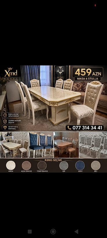 antik stullar: XMD Mebel – Masa və 6 stul dəsti - Qiymət: 459 AZN (masa + 6 stul) - — 1