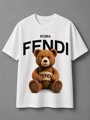futbol corabı: Unisex qısaqol T‑shirt – FENDI ayı printi - Rənglər: ağ və qara - Ön — 1
