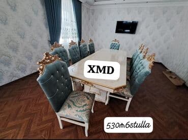 mərmər masa: Qonaq otağı üçün, Yeni, Açılmayan, Oval masa, 6 stul — 4