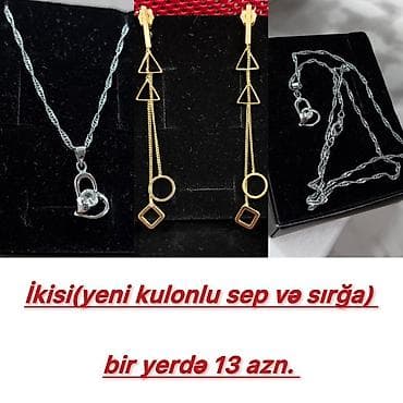 zerger: Zərgərlik dəsti: kulonlu gümüş rəngli sep + uzun qızılı rəngli sırğa — 1