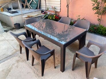 Mebel: Dördbucaq masa, 6 stul, Açılmayan, Stullar ilə, Plastik — 1