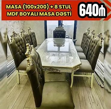 ustol: Qonaq otağı üçün, Yeni, Açılmayan, Dördbucaq masa, 8 stul — 1