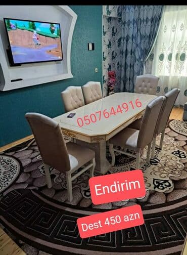 masa dəst: Qonaq otağı üçün, Yeni, Açılmayan, Dördbucaq masa, 6 stul — 7