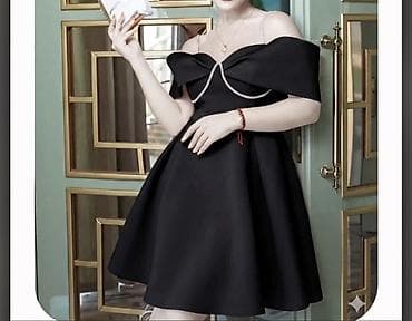 qara ketler: Qara qısa ziyafət paltarı - Model: off-shoulder (çiyinlər açıq) — 1