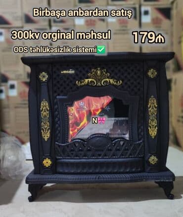 Qaz sobası – dekorativ klassik dizaynlı, şüşəli ön panel və metal