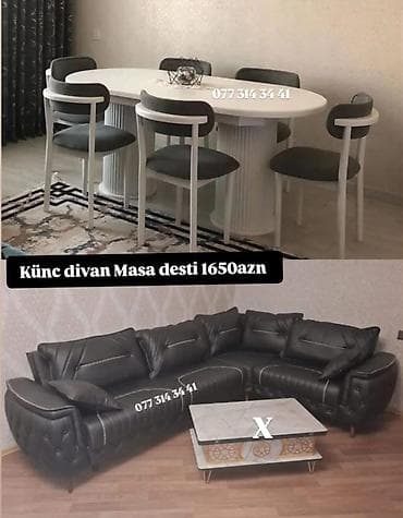 Kombi dəst: Künc divan + yemək masası dəsti - Künc divan: L‑şəkilli